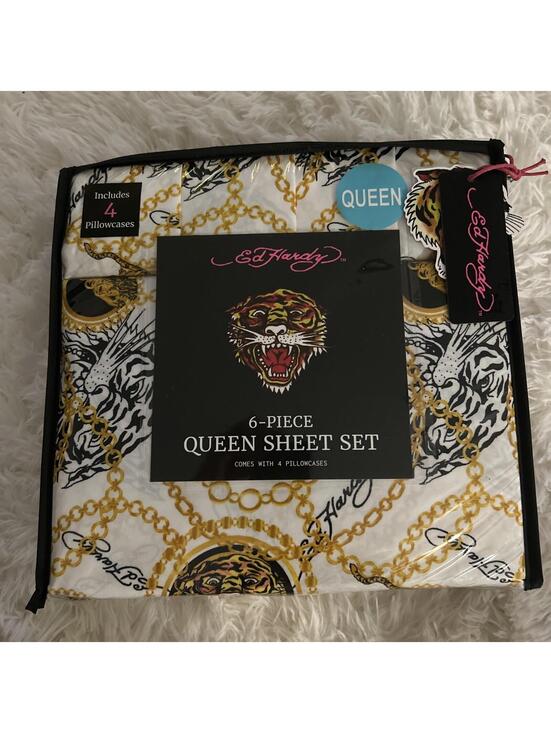 Ed Hardy Other - Ed Hardy White, black, Gold Sheet Set QUEEN Tigers Chains w/4 Pillowcases NEW!